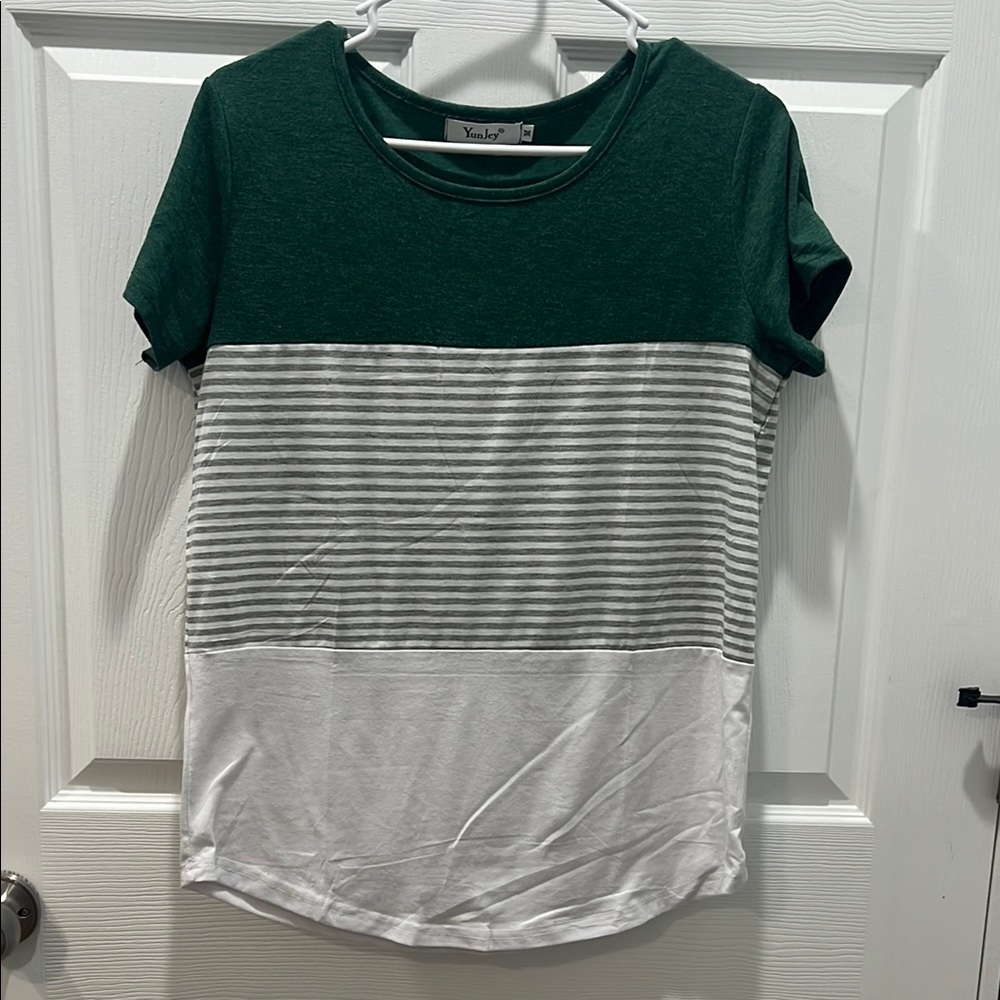 Green and White Striped Short Sleeve Tee